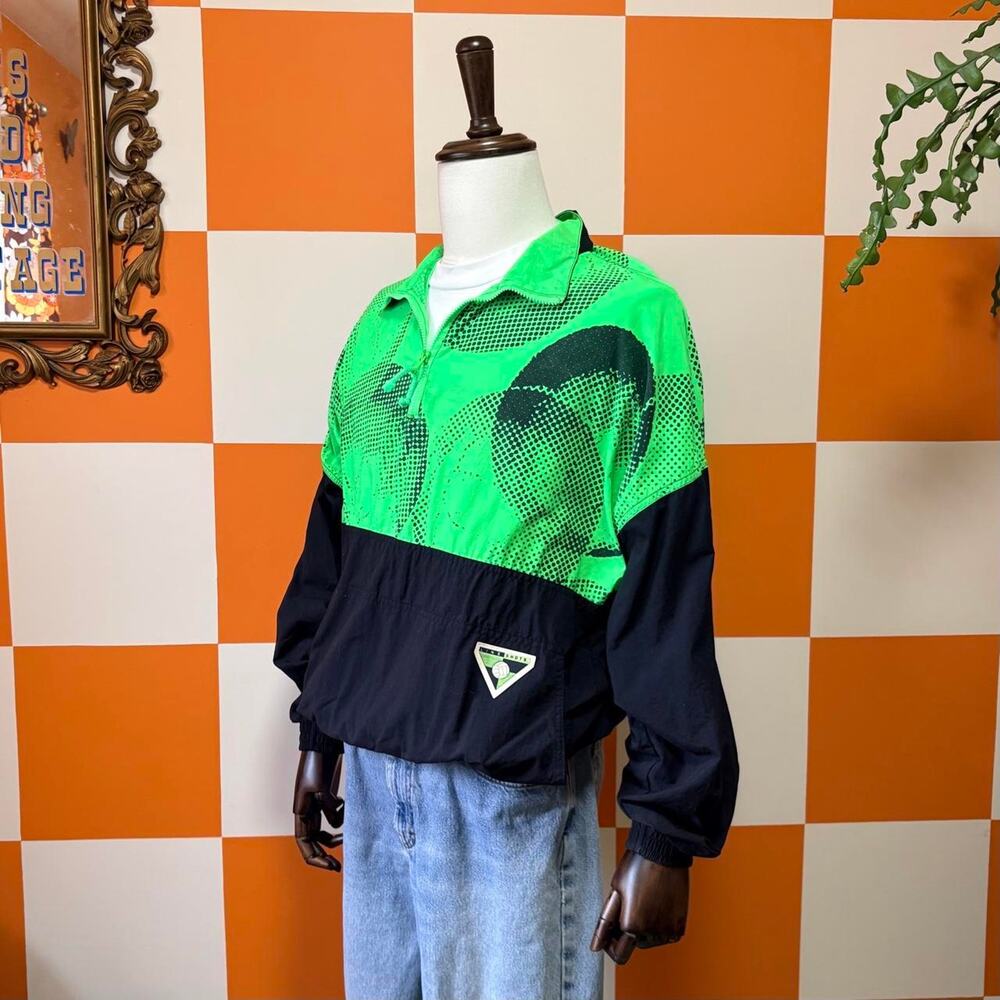 90s Vintage Neon Green and Black Abstract Print Athletic Windbreaker